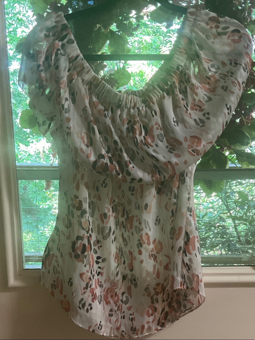 White House Black Market Off-Shoulder Floral Blouse in Cream, Blush, and Olive